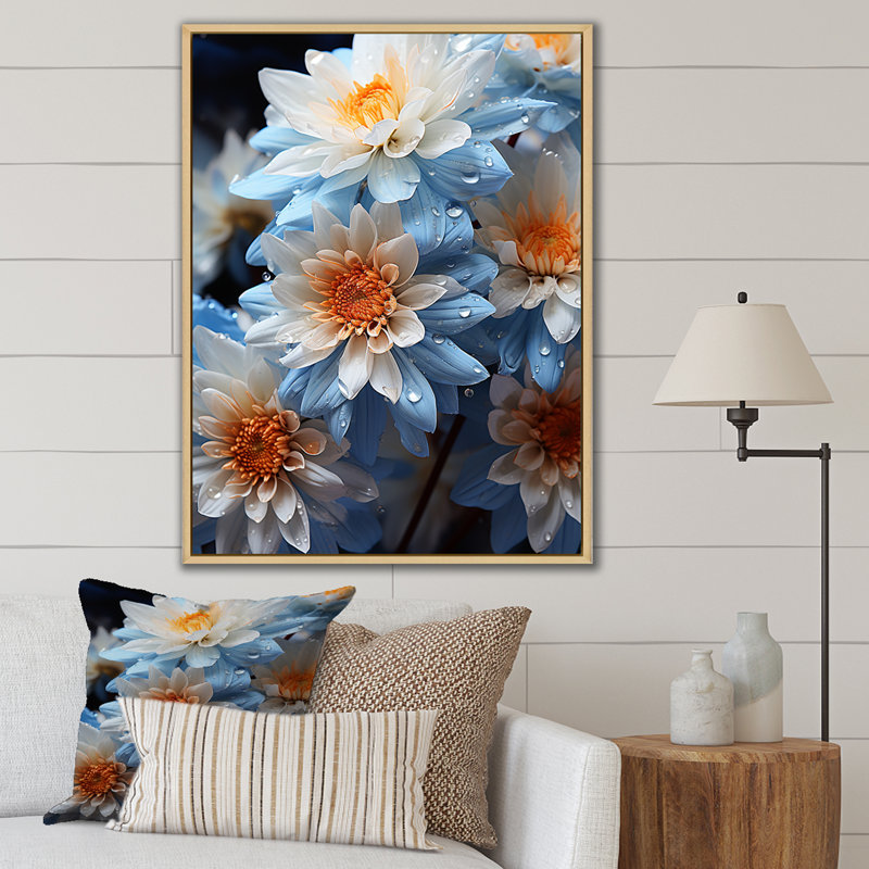 «Blue and White Daisy Bloom Serenade», reproduction sur toile, Cadre naturel flottant, H 32 po x l 24 po x P 1 po