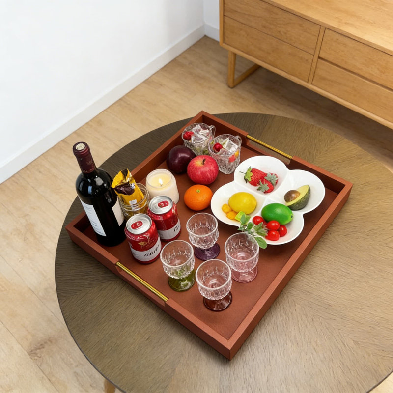 Large Square Faux Leather Ottoman Tray With Handles - Sturdy Wood Serving Tray For Breakfast In Bed, Coffee Table Organization, And Home Decor