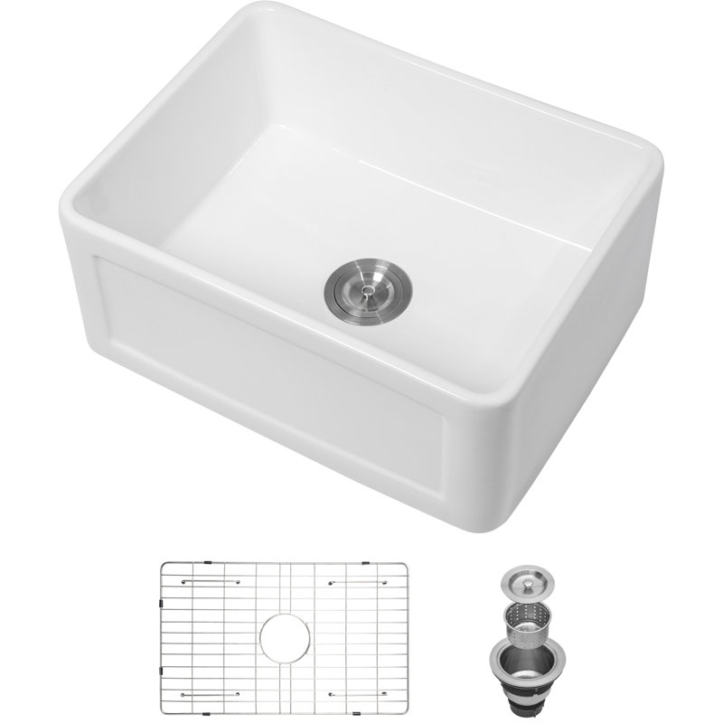 Évier en céramique de 24 po - blanc, à tablier frontal, à ternir pour la cuisine et la lessive - utilisation polyvalente de 24 po