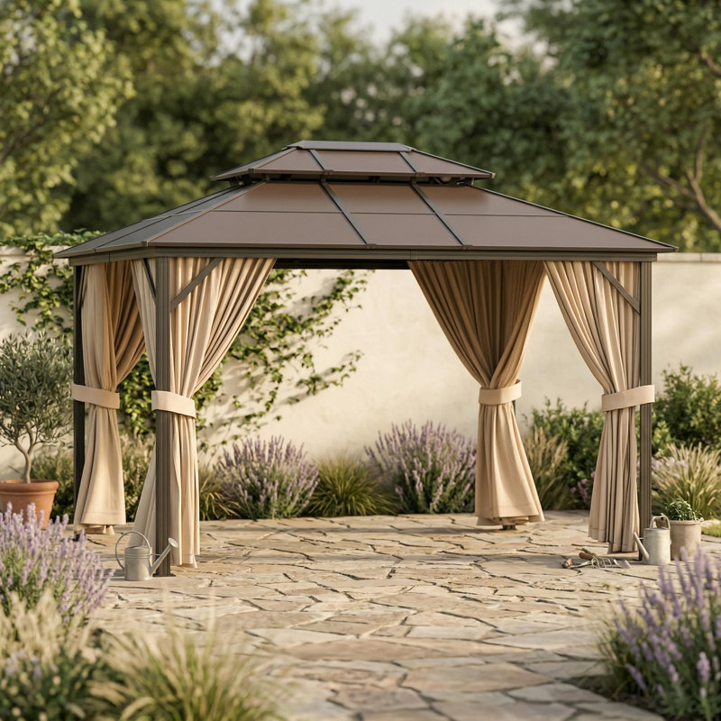 10'X13' Hardtop Gazebo, Galvanized Steel Aluminum Frame Double Roof with Curtains & Netting for Patio Backyard