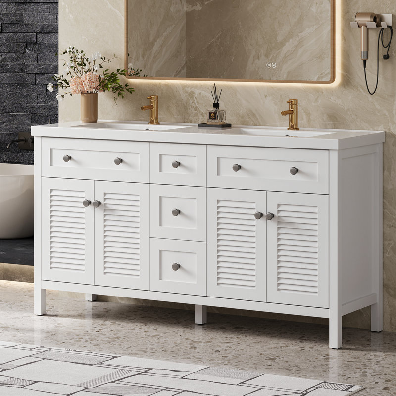 Meuble-lavabo double 60 po avec plateau en résine intégré, portes à volets, 4 tiroirs et tablette réglable, armoire autoportante 60 po