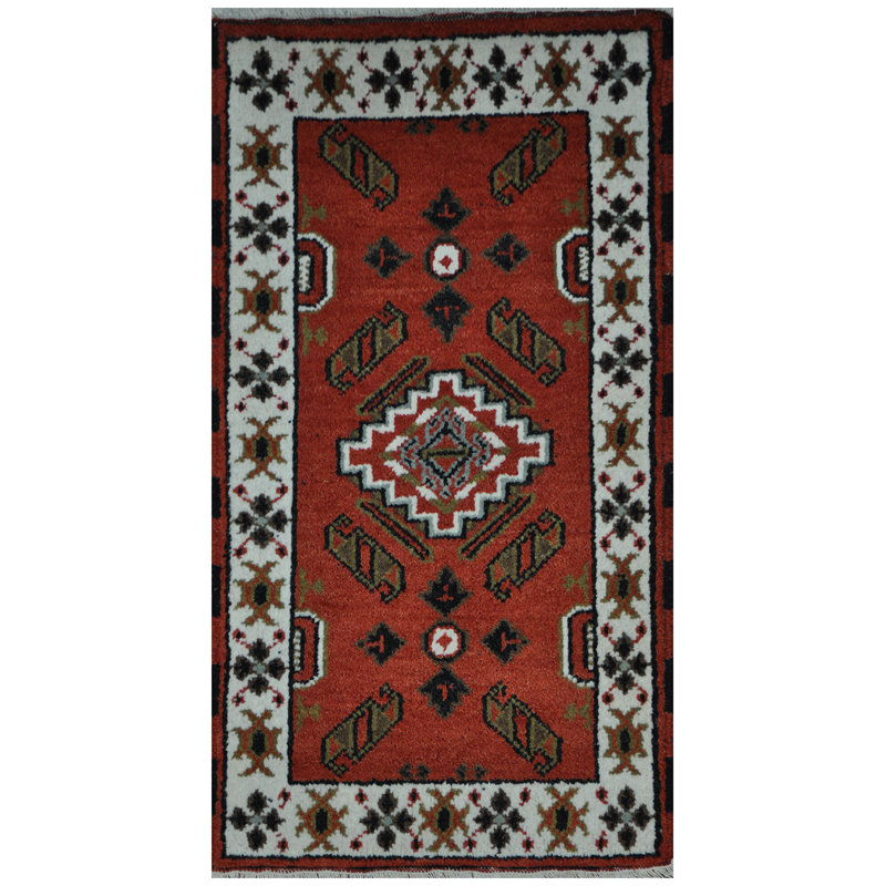 Tapis rouge / crème en laine noué à la main de conception unique 2 pi x 4 pi
