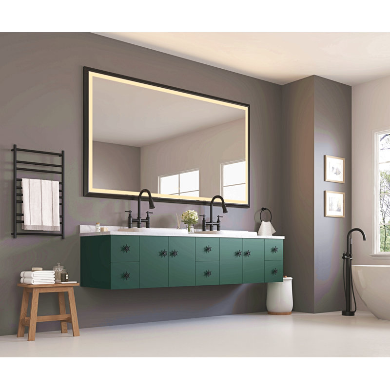 Miroir de salle de bain 84 po x 48 po à DEL avec cadre en aluminium, miroir de meuble-lavabo mural, anti-buée, mémoire, 3 couleurs, réglable en continu