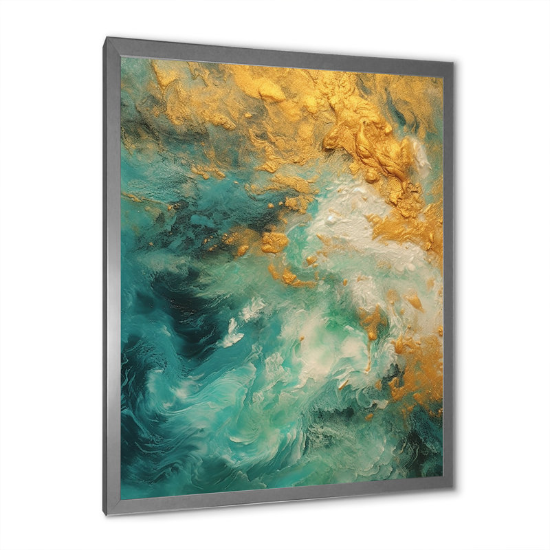 «Morning Bliss», art marbré bleu sarcelle et doré, Cadre simple argenté, H 44 po x l 34 po x P 1,5 po
