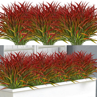 16 Bundles Artificial Plants Outdoor Fake Grass Greenery Stems UV Resistant Faux Plastic Plants Shrubs for Spring Summer Garden Pathway Window Box Farmhouse Front Porch Home Decor, Red