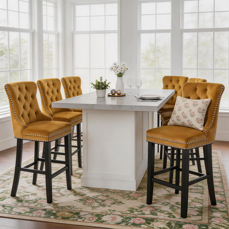 Modern Velvet Upholstered Counter Height Bar Stools (Set of 6), Yellow