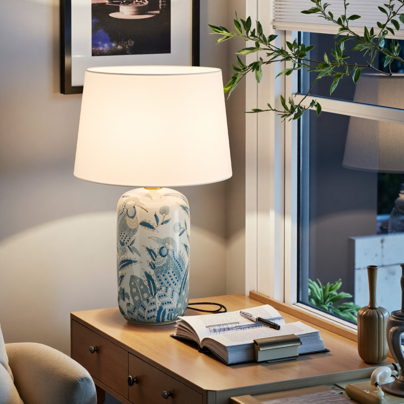 Modern Blue Glaze Table Lamp With Linen Shade For Living Room, Bedroom & Office Décor
