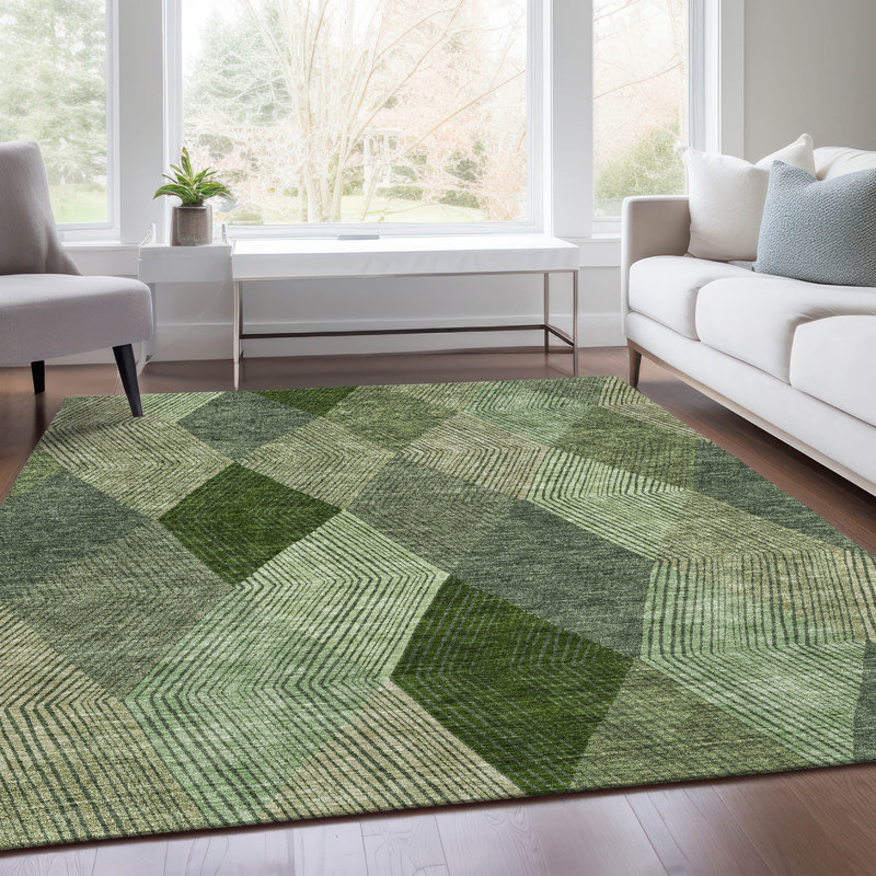Premium Machine Washable Prisco Green Rug, Rectangle 9' x 12'