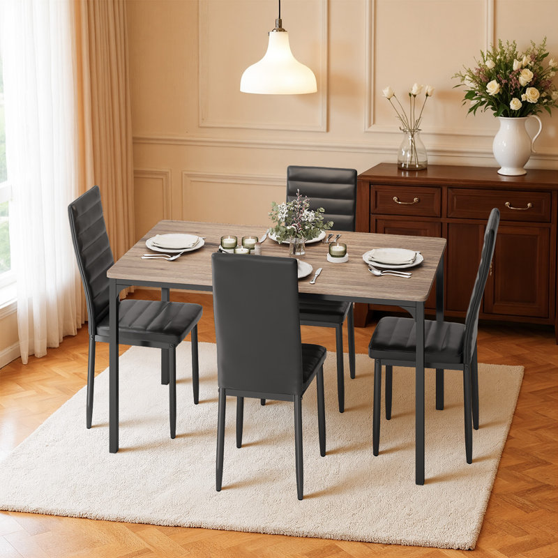 Ensemble de table de salle à manger 4 personnes avec plateau en bois massif et chaises rembourrées, Gris