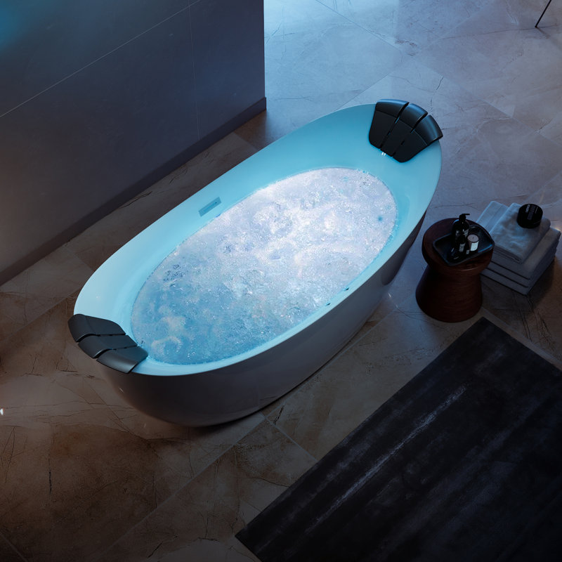 67 In. X 28.7 In. Center Drain Brushed Nickel Freestanding Whirlpool Bathtub Hydrotherapy Lighted Bath - 16 Jets In White