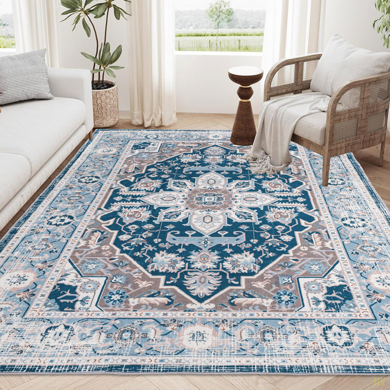 Area Rug 8X10 Vintage Bohemia Large Persian Non-Slip Washable Rug For Living Room Kitchen Bedroom Living Room Flower Design