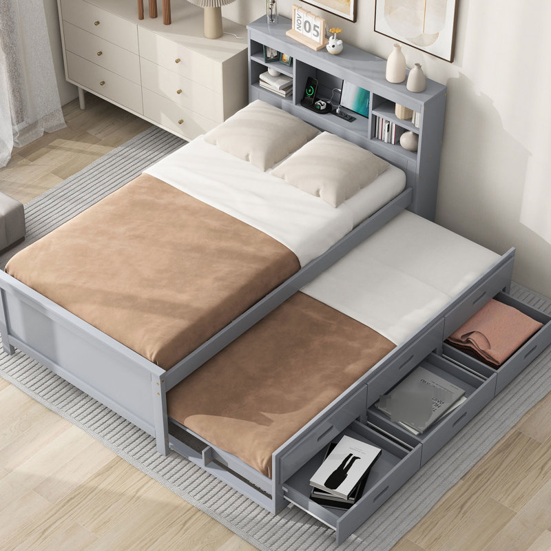 Lit simple avec rangement pour tête de lit et lit gigogne gris - Fabrication en bois massif pour une plateforme de chambre à coucher sereine de style moderne