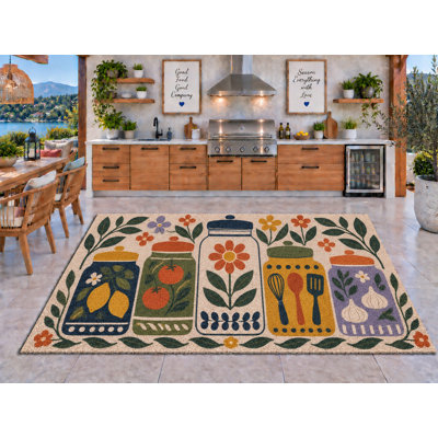 Tapis d'extérieur 5' x 7' Collection de pots de cuisine botaniques, tapis bouclé en PVC épais, solide et imperméable, tapis de patio robuste, tapis d'intérieur/extérieur à séchage rapide pour cuisine, porche, terrasse, balcon, entrée.
