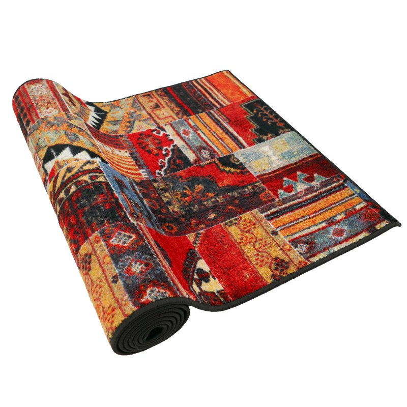 Custom Size Runner Rug Southwestern Patchwork Red Black with Canvas Backing Rug Runners by Feet, Runner 3' x 11'