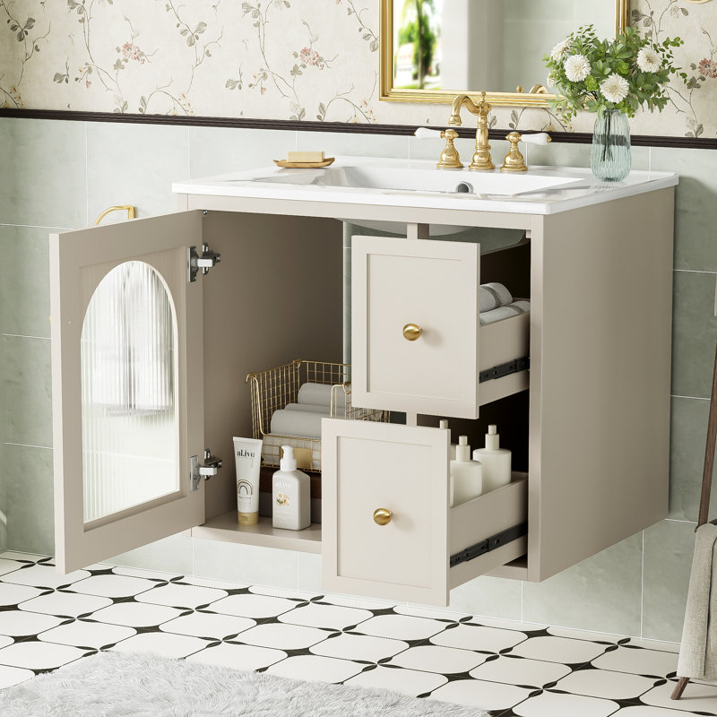 Ensemble de meuble-lavabo mural pour petit espace, Beige