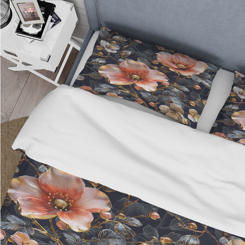 Ensemble de housse de couette rose et noir Boho Floral Meadows II - Boho, Housse de couette pour grand lit + 2 taies décora