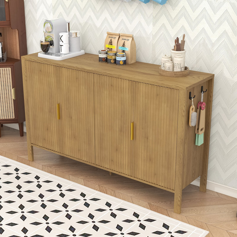 Modern Stripe Door Sideboard with Side Hooks, Adjustable Shelves and Hidden Back-of-Door Racks, Natural