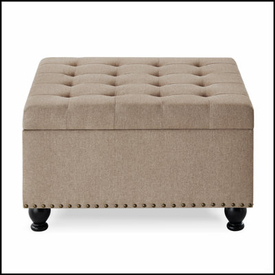 Large Square Storage Ottoman With Wooden Legs, Upholstered Button Tufted Coffee Table For Elegant Living Spaces