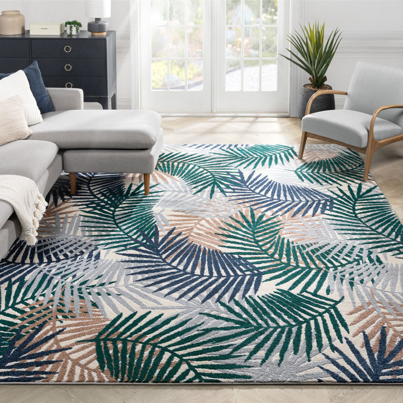 Leona Green and Blue Abstract Leaves Area Rug, 7'10" x 9'10"