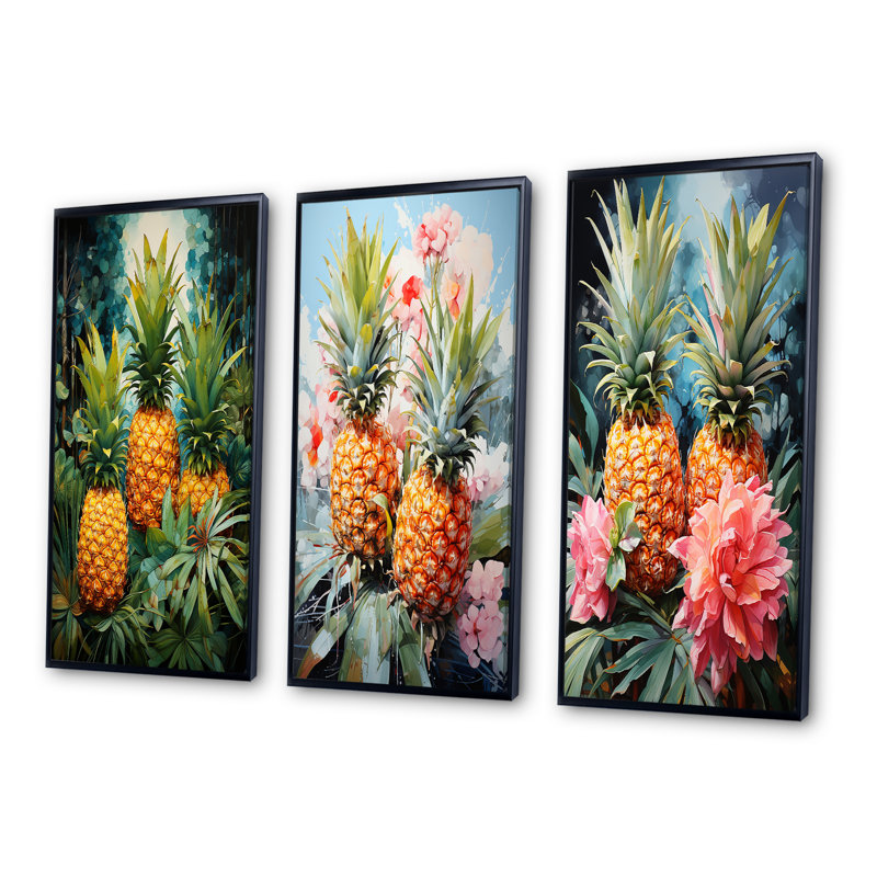 «Pineapples Tropical Dots», 3 pièces sur toile, Cadre flottant noir, H 40 po x l 60 po
