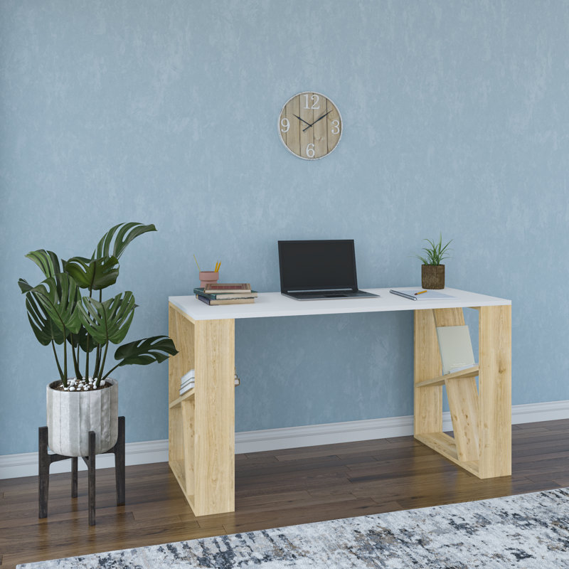 Adalard 2 Tier Modern Desk, White/Oak