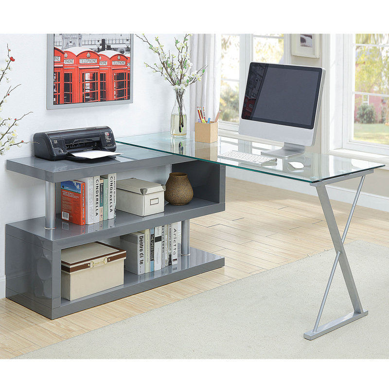 Kelford L-Shaped Glass Top Writing Desk, Gray