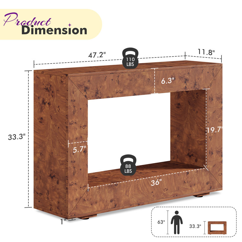 Dorne 47" Burl Wood Console Table With Open Storage Shelf, For Entryway/Living Room,  Brown, Brown