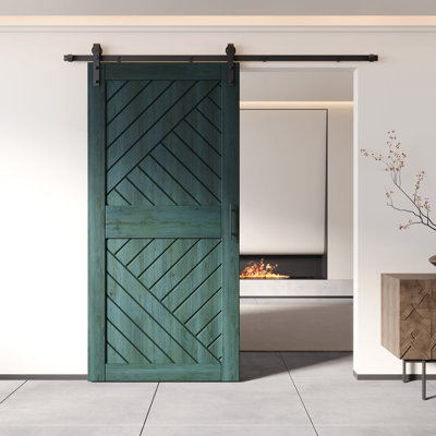 Homacer Royal Pine 26in x 84in Unassembled & Finished Geometric Design Barn Door with Non-Bypass Installation Hardware Kit, 4.5ft track, interior use only