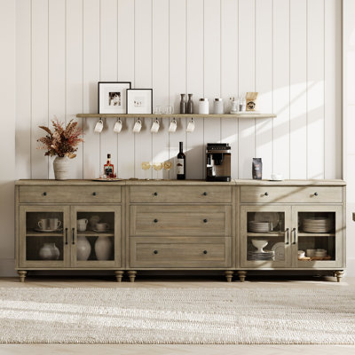 Scarlett Buffet Cabinet, Kitchen Sideboard Cabinet with 4 Glass Doors and 5 Wooden Drawer, Wash Grey, 102"