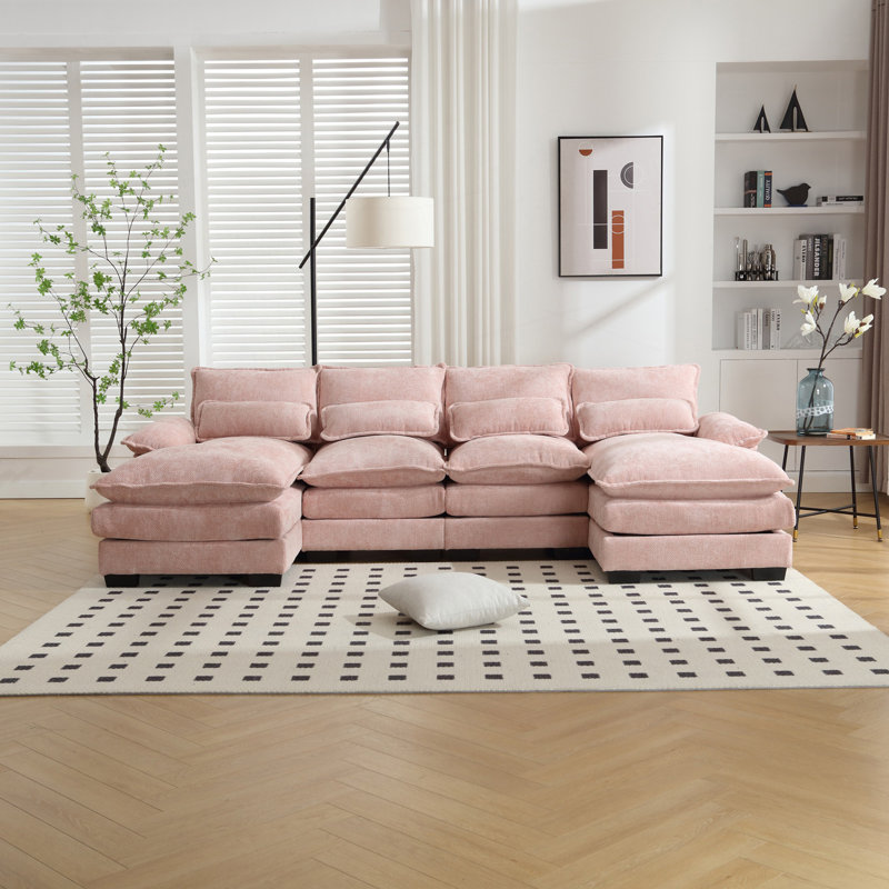 Très grand canapé à quatre places en forme de U, canapé confortable, Rose