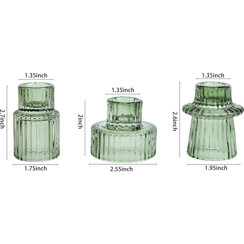 Glass Candlestick Holders Set Of 3, Green