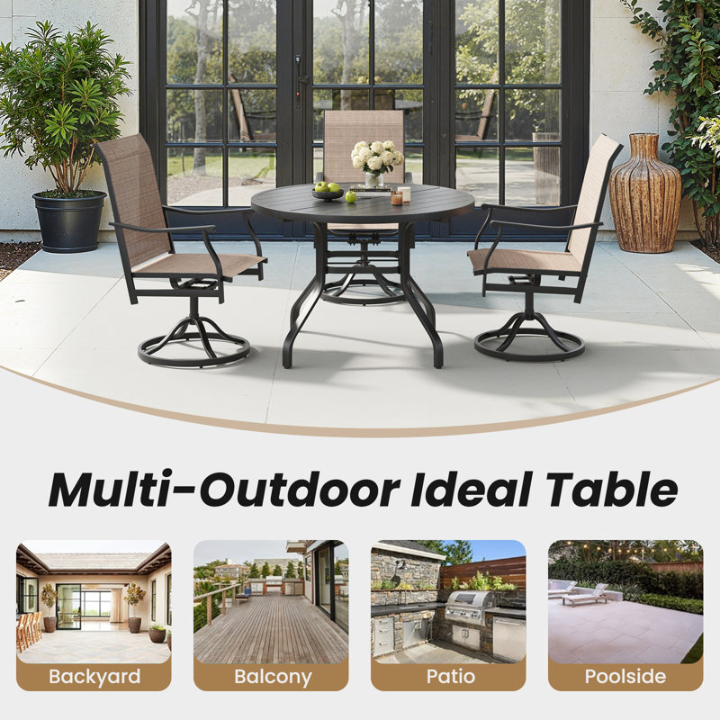 41" Round Outdoor Dining Table, Metal Patio Table with 1.57" Umbrella Hole, Wood-Like Grain Weather-Resistant Outdoor Table for Backyard, Poolside, Garden