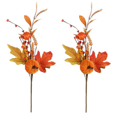 Set of 4 Artificial Fall Pumpkin Picks, 14.96 Inch Autumn Maple Leaf Berry Floral Stems for Vase & Wreath DIY