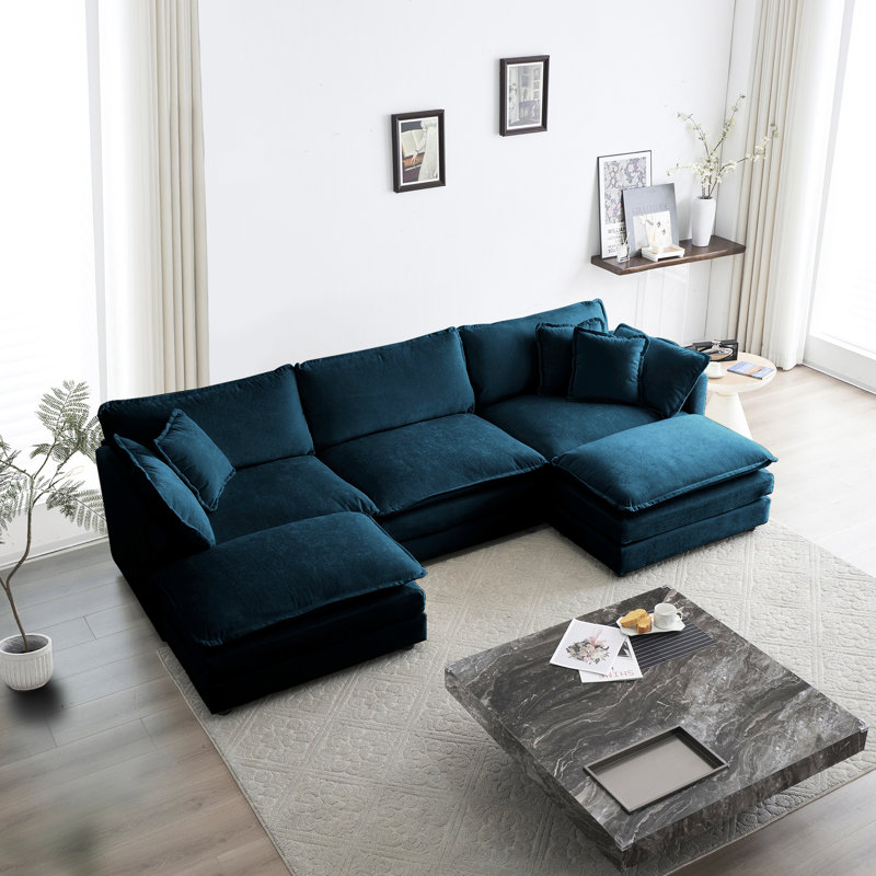 Canapé modulaire en U en forme de U avec 2 repose-pieds, tissu en chenille bleu, structure en bois massif solide pour un canapé modulaire en chenille, Robust Home Life