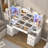 62" Vanity Desk With Lighted Mirror, Tempered Glass Top, Power Outlet, 9 Drawers, And 2 RGB Lighted Cabinet-135534408-152074617