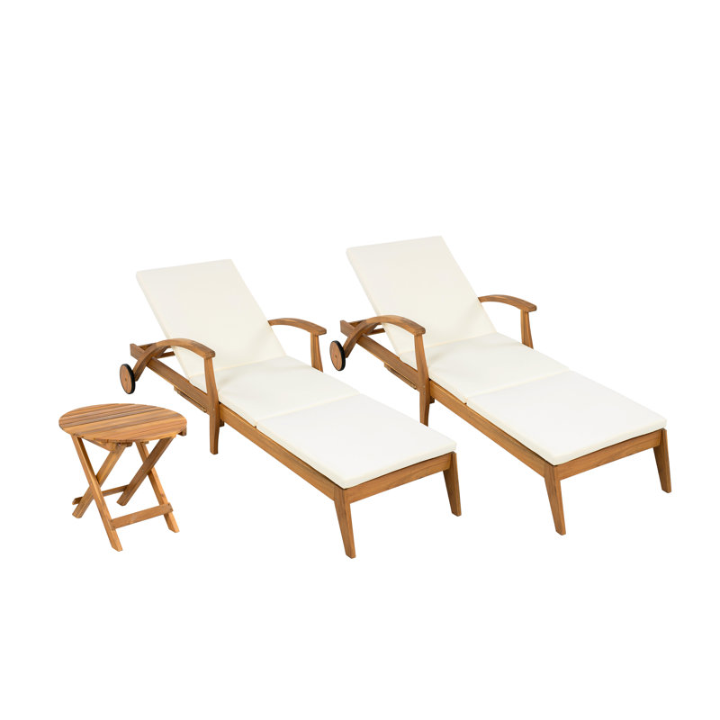 Luna Outdoor Acacia Wood Chaise Lounge & Foldable Side Table Set With Cushion