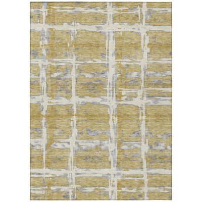 5' X 8' Gold Beige And Gray Striped Washable Indoor Outdoor Area Rug