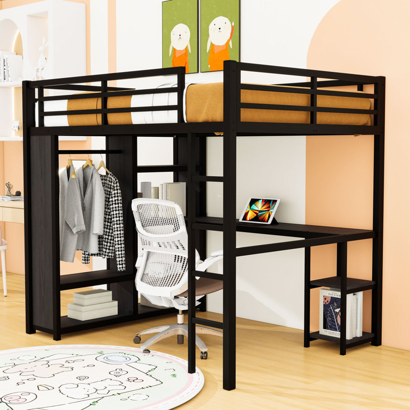 Metal Loft Bed with Wardrobe and Desk, Black, Full