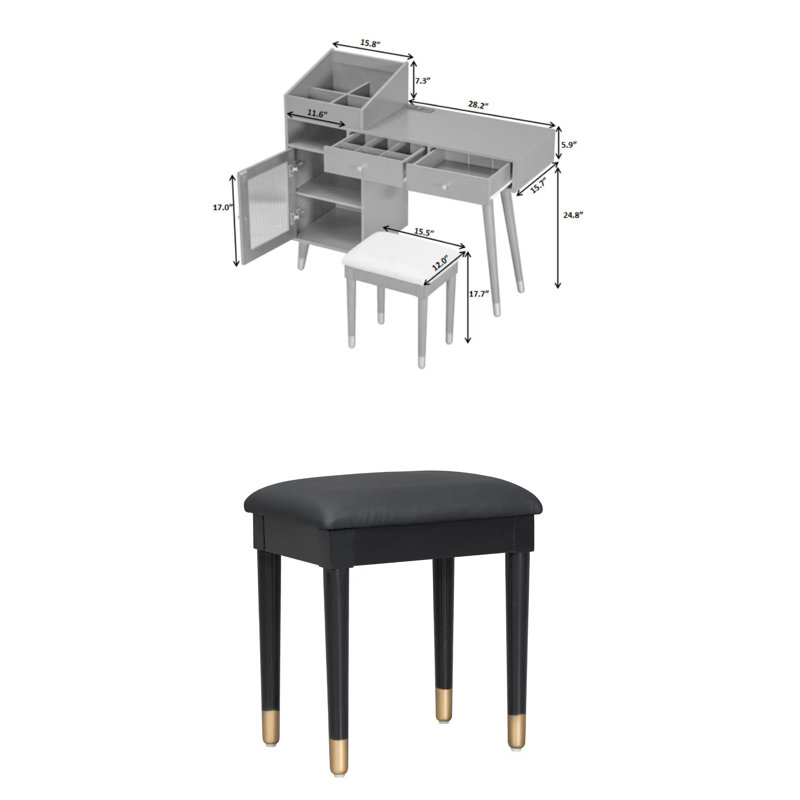Modern Makeup Vanity Desk With Drawers, Cabinet & Charging Port, Space-saving Dressing Table Set With Stool For Small Places