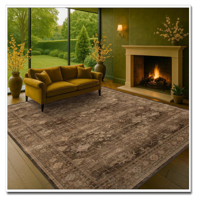 10X14 Extra Large Brown Vintage Western Rug - Unique Neutral Taupe Washable Carpet | Low Pile Non-Slip Soft Thin Rug For Living Room, Dining Under Table, Bedroom Under Bed, Home Office