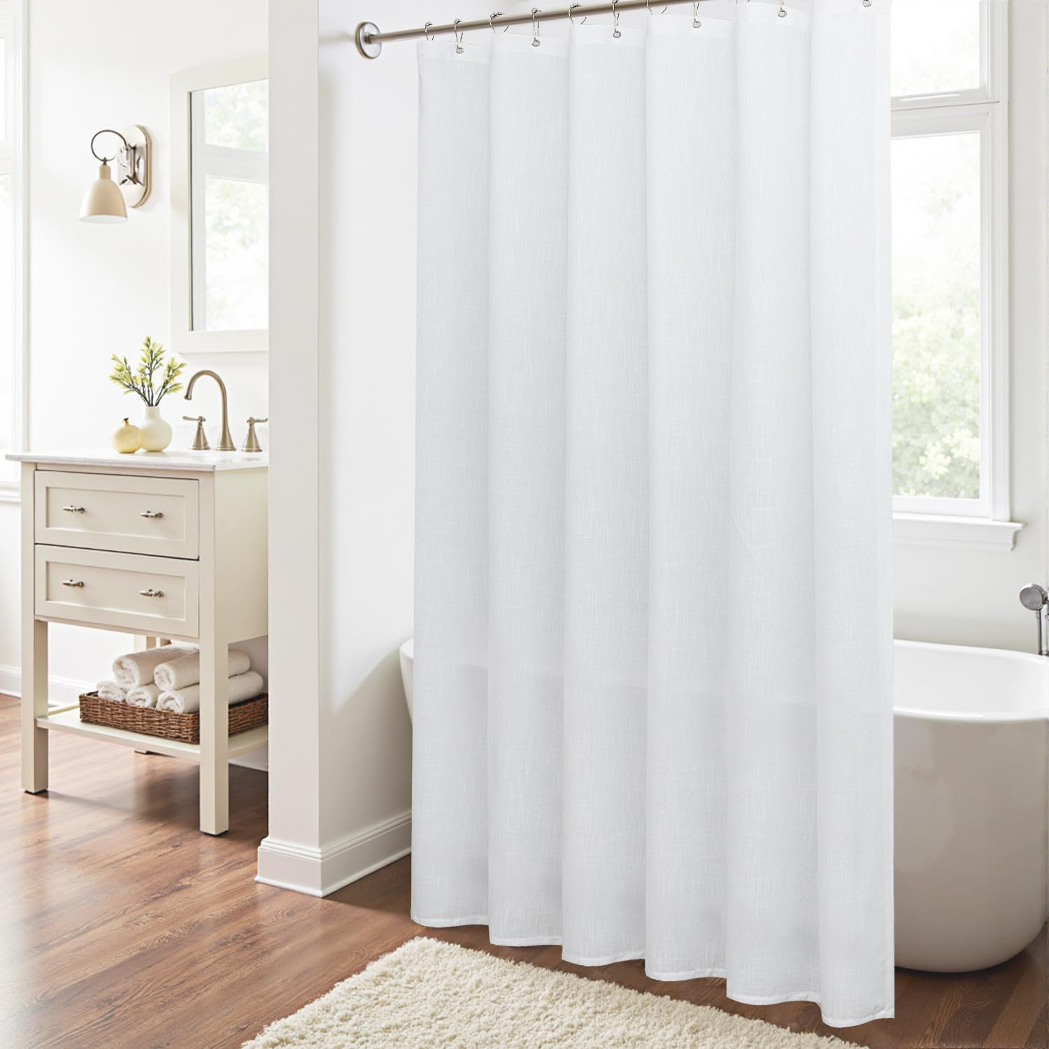 Extra Long Waffle Weave Shower Bath Curtain 84 inch Long with 12 Metal Hooks Modern Washable Heavy Fabric Waterproof Thick Cloth Shower Curtains Set, image size:1500x1500