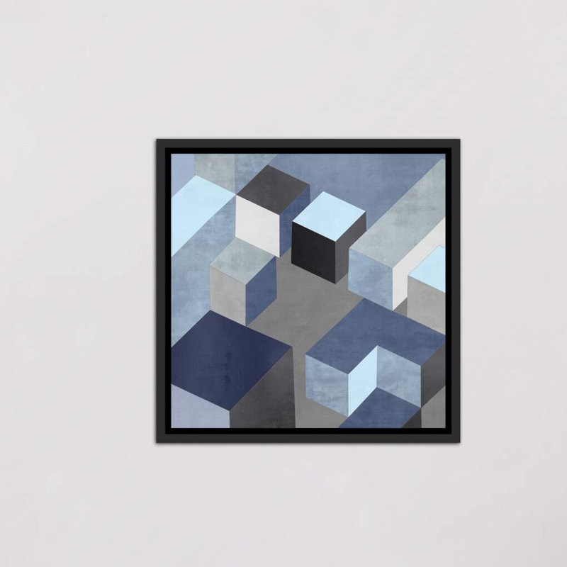 «Cubic in Blue I» par Todd Simmons - impression d'art graphique, Toile avec cadre noir, H 18 po x l 18 po x 1,5 po