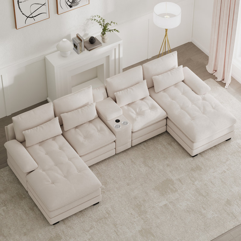 Canapé modulaire surdimensionné en U 4 pièces de 130 po avec console et porte-gobelets, Beige