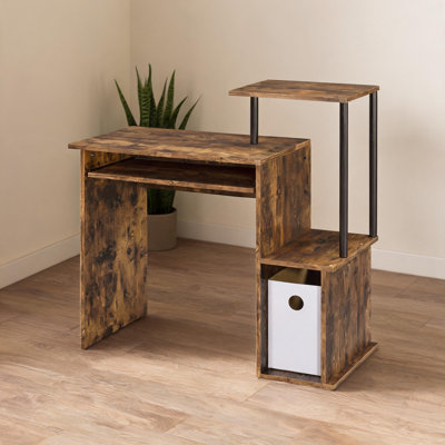 Rectangular computer desk in weathered oak and jet black with built-in keyboard tray and open shelving, home office work surface