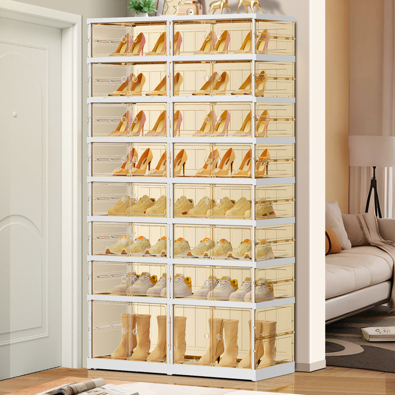 Armoire de rangement à chaussures empilable en plastique à 8 niveaux pour 16 à 32 paires, Blanc