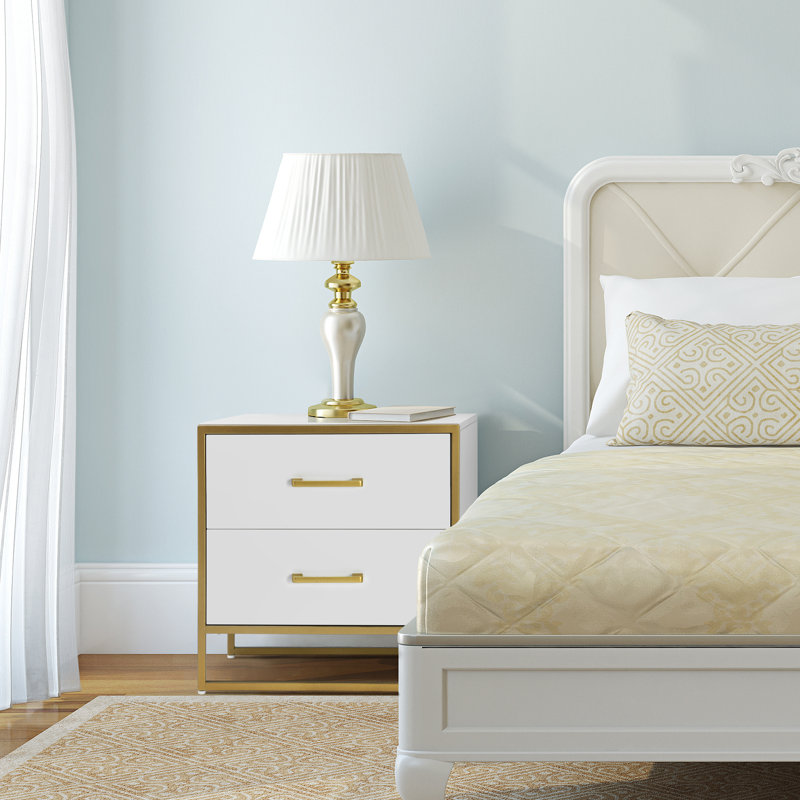 Patchell 19.7"H 2 Drawer Nightstand with Metal Frame, White/Gold