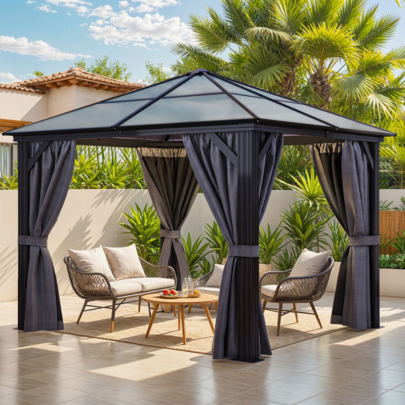  10ft x 10ft Hardtop Gazebo, Patio Gazebo, Outdoor Paviliion, Outdoor Canopy Gazebo with Double Layered Curtains : Netting Mesh and Polyester Curtains