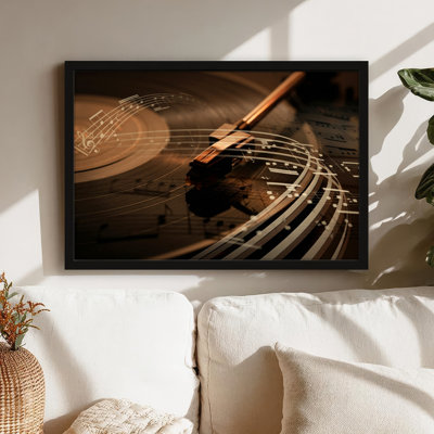 Art mural sur toile noir encadré pour le salon, la chambre à coucher, le bureau ou le vestibule - décoration murale décorative avec vinyle de musique