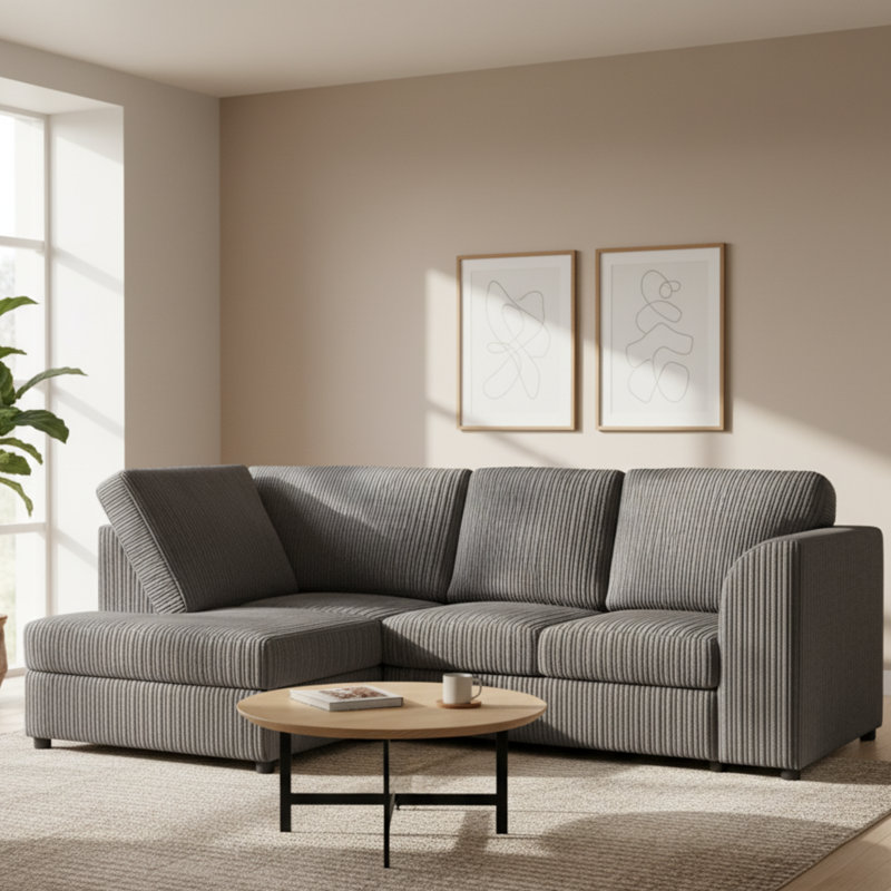 4 Seater Jumbo Cord Corner Sofa High Back Cushion including Foot Stool, Charcoal, Left Hand Facing