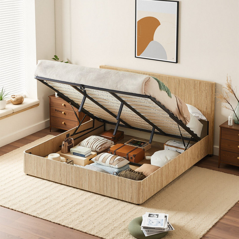 Lift Up Hydraulic Storage Bed Frame, Beige, King
